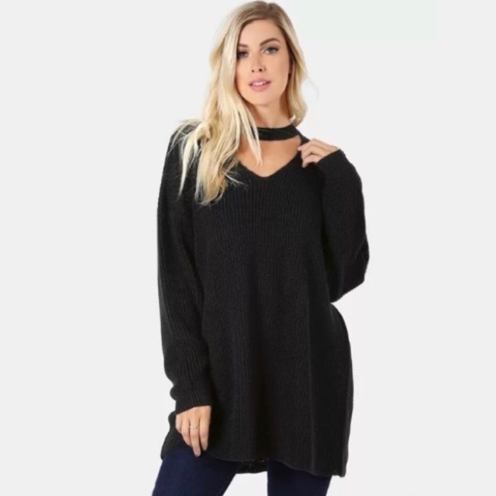 Oversized Tunic Chocker Knit Sweater